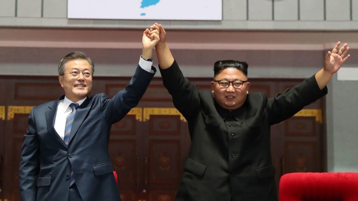 North Korean leader Kim Jong Un, right, and South Korean President Moon Jae-in after their summit Sept. 19 in Pyongyang.