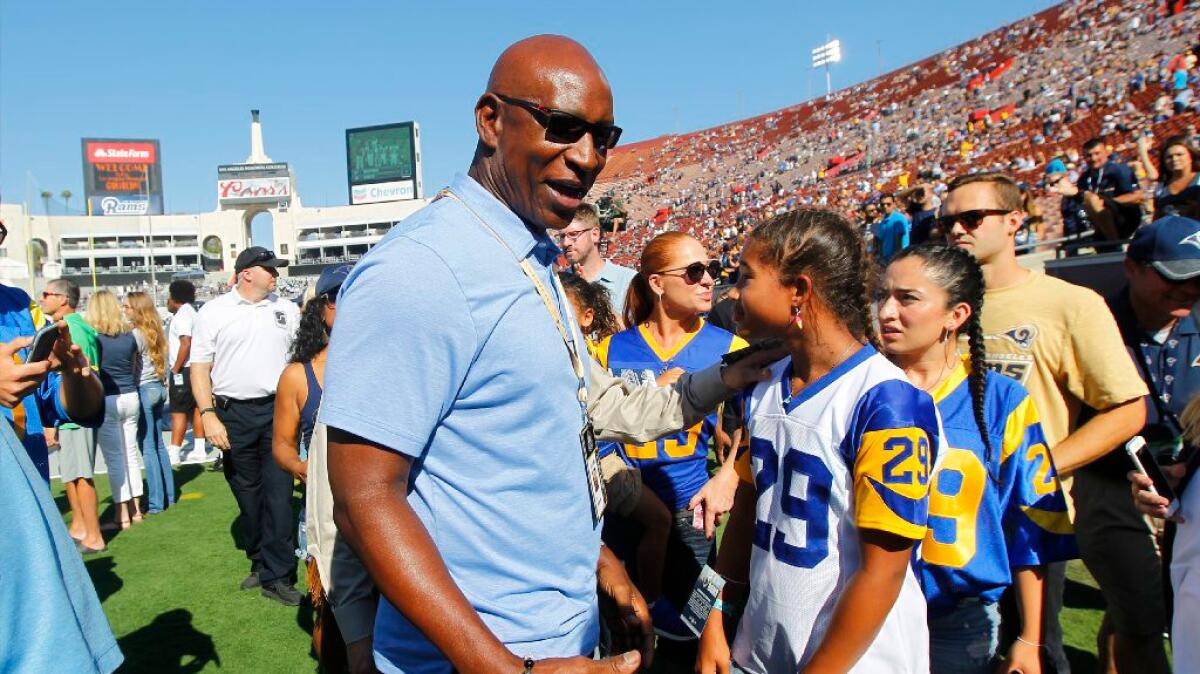 Hall of Fame running back Eric Dickerson attends the Rams' preseason opener against the Cowboys at the Coliseum on Aug. 13.