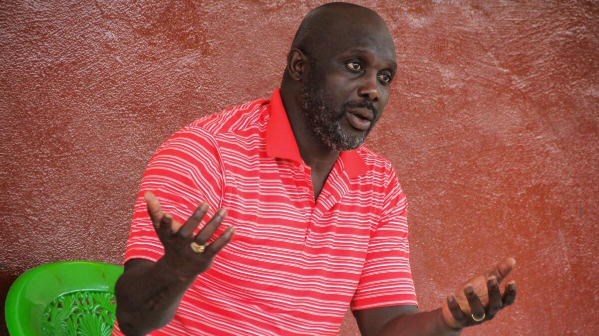 George Weah speaks during an interview on July 8.