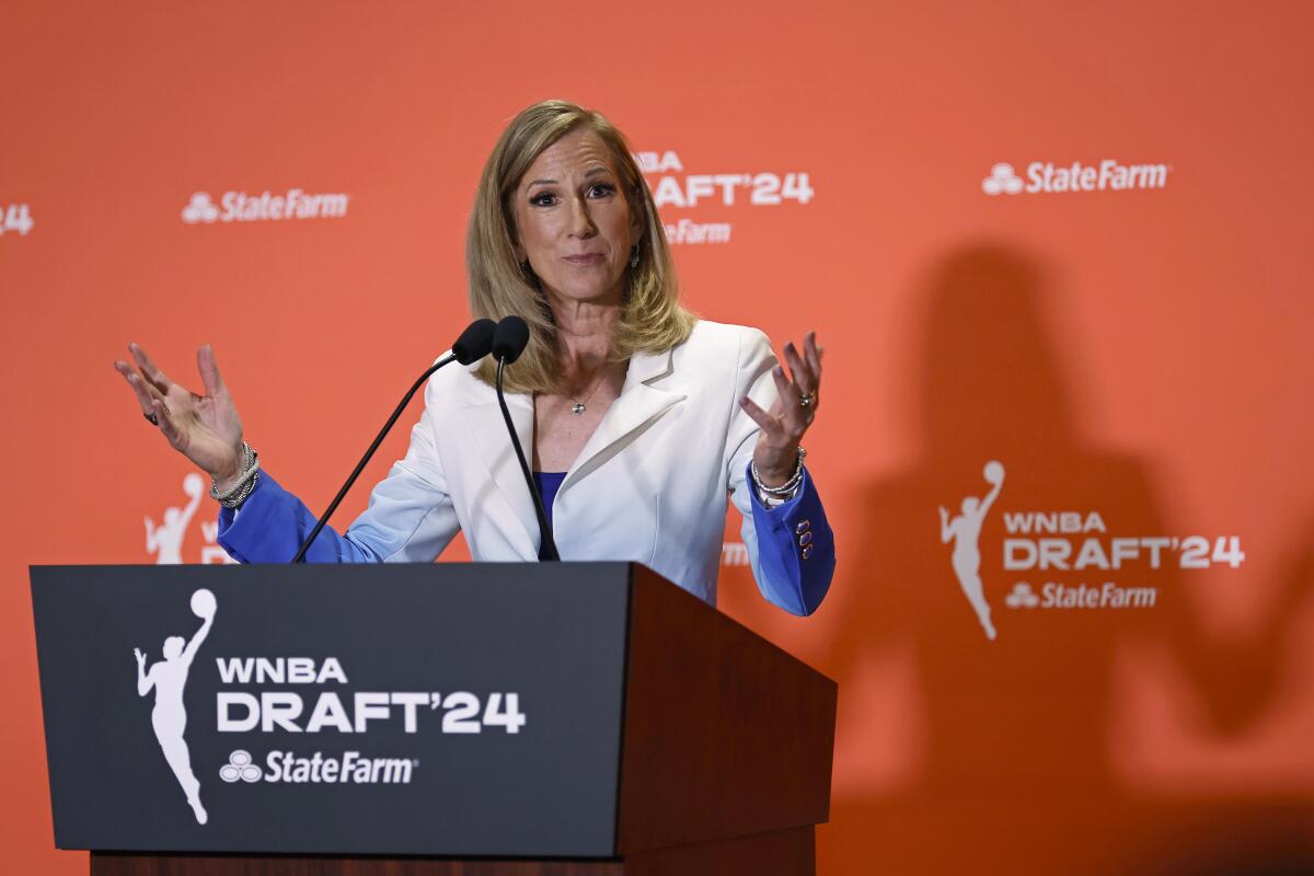 WNBA Commissioner Cathy Engelbert speaks before the WNBA draft on April 15.
