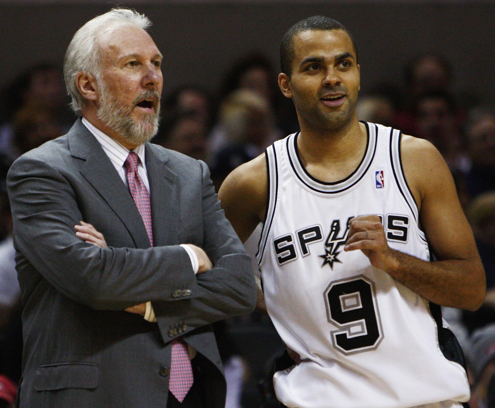 San Antonio Spurs coach Gregg Popovich with guard Tony Parker in 2008.