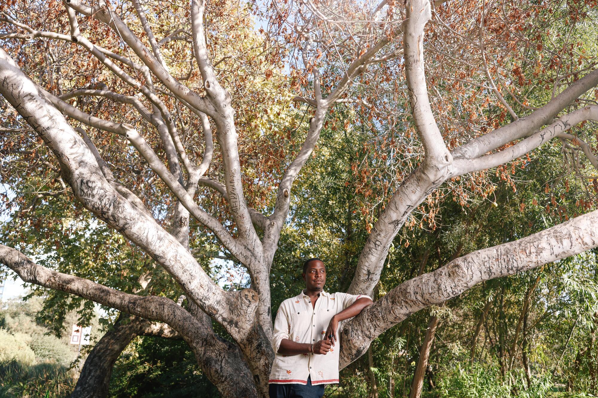 Artist Sanford Biggers, wearing a cream-colored shirt trimmed in red, stands amid the branches of a tree in a park.