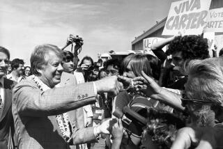 LOS ANGELES - CIRCA 1976: Democratic presidential nominee Jimmy Carter greets fans circa May 1976 in Los Angeles. (Photo by PL Gould/Images/Getty Images)