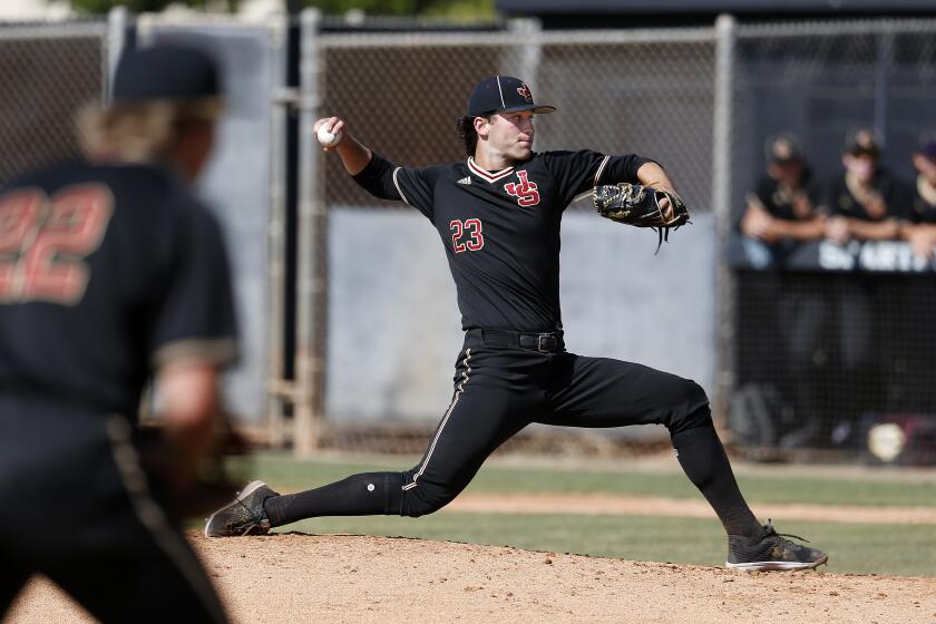 VILLA PARK, CA - MAY 17: JSerra Catholic starting pitcher David Horn (23) in a game against Villa Park in the Southern Section Division 1 baseball semifinals at Villa Park High School on Tuesday, May 17, 2022 in Villa Park, CA. JSerra won 4-1 advancing to the finals. (Gary Coronado / Los Angeles Times)