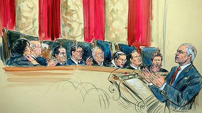 An artist's rendering shows attorney Charles J. Cooper, right, addressing the Supreme Court as the justices heard arguments on California's ban on same-sex marriage.
