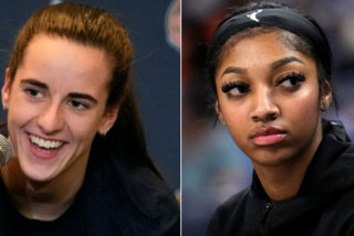 Indiana Fever's Caitlin Clark, left, and Chicago Sky's Angel Reese are shown in a close-up split image.
