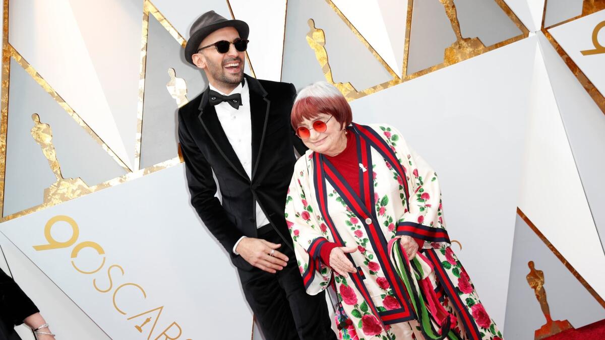 Agnès Varda and JR on the red carpet at the 90th Academy Awards on Sunday.