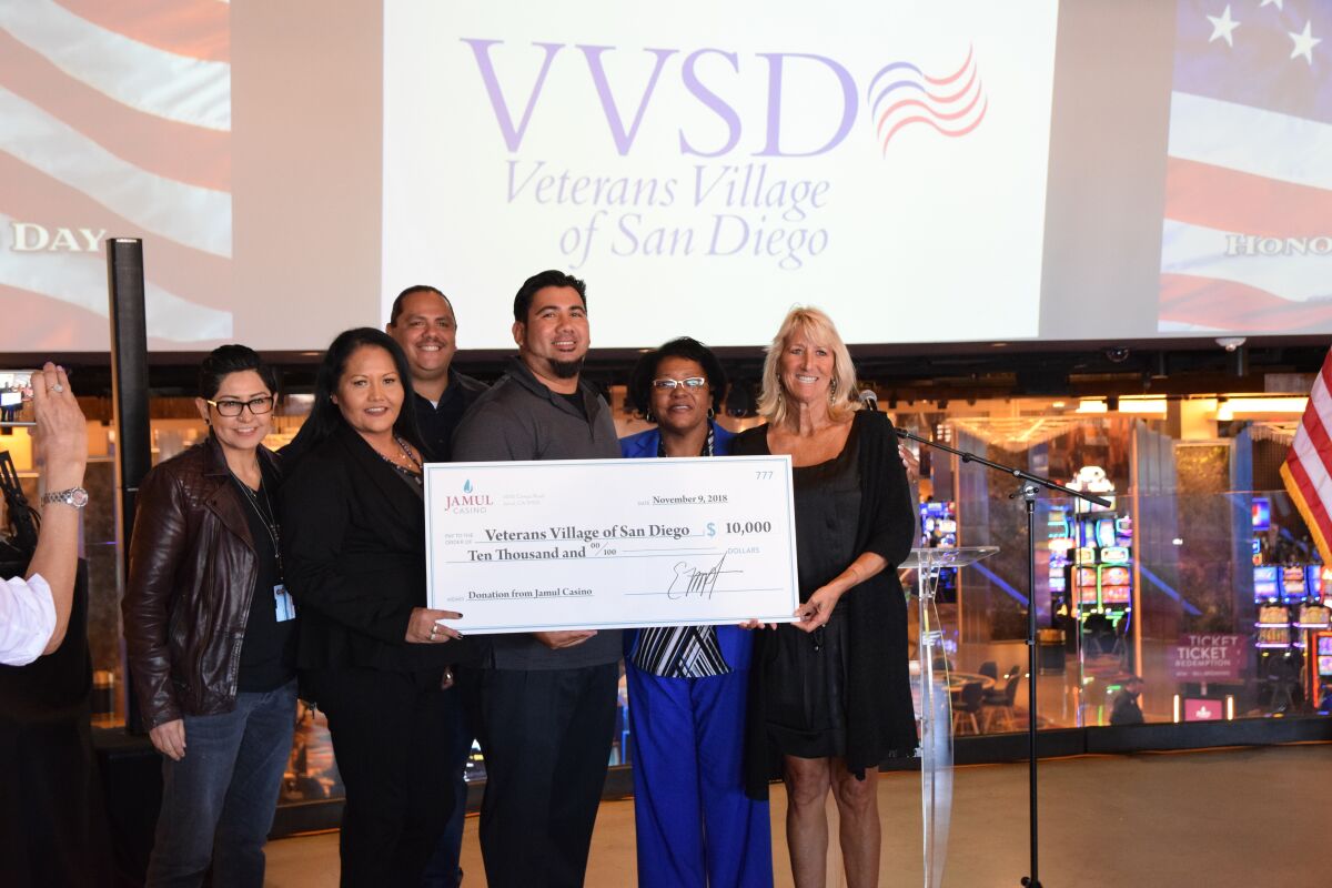 Jamul Casino-Jamul Indian Village, led by tribal chairwoman Erica Pinto (left), also donated $10,000 to Veterans Village of San Diego.