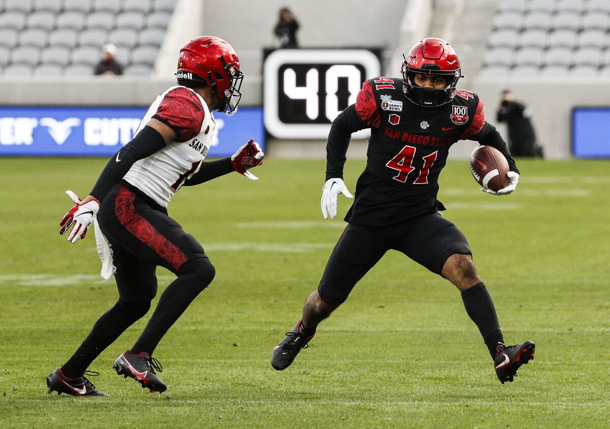 San Diego State wide receiver Phillippe Wesley II looks for running room on the outside during Spring game.