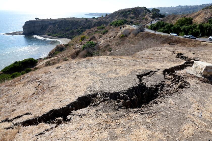 Rancho Palos Verdes, California August 31, 2024-A huge crack forms along Palos Verdes Drive South in Rancho Palos Verdes where a landslide has accelerated. (Wally Skalij/Los Angeles Times)