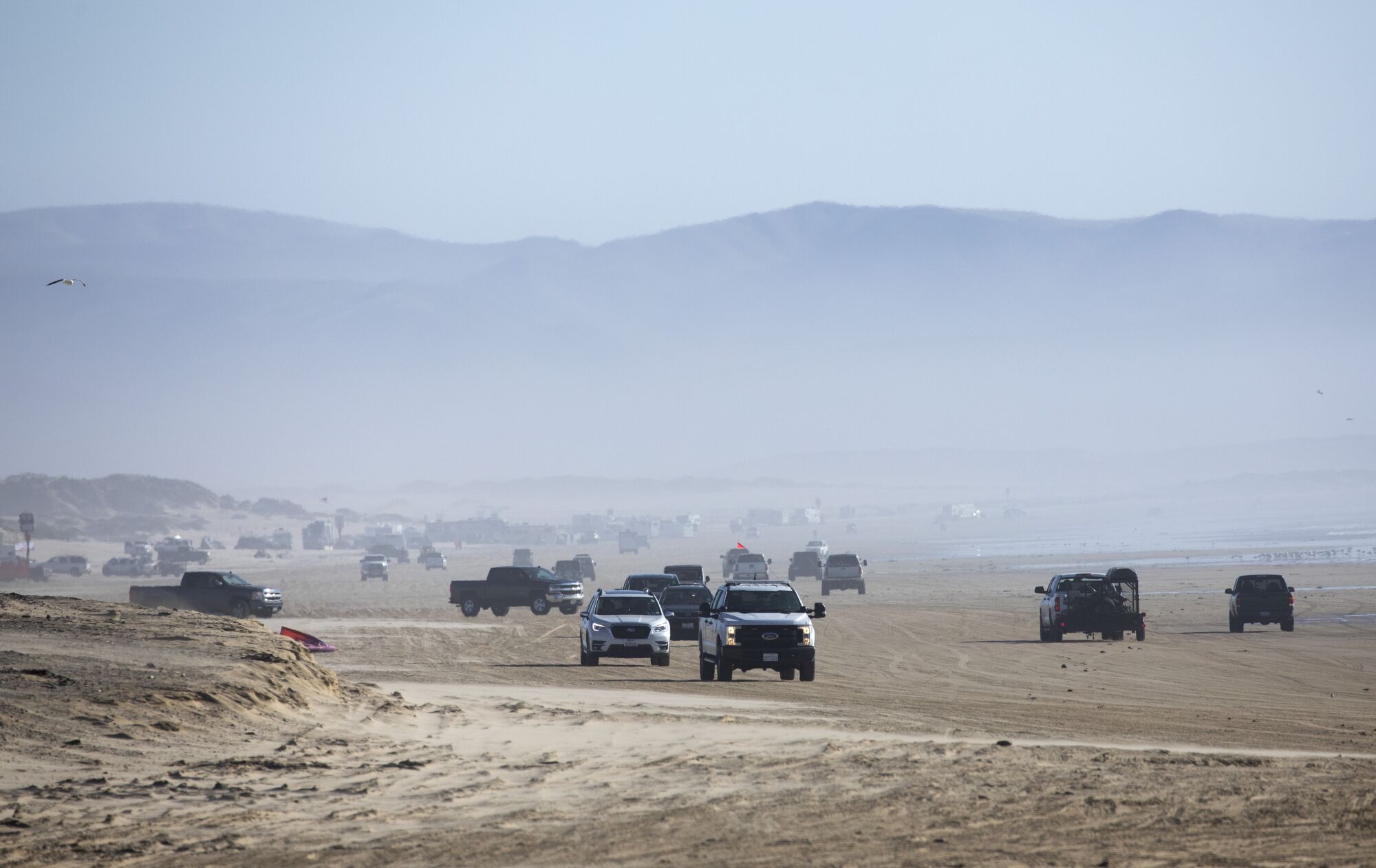 Vehicles drive on a wide stretch of beach