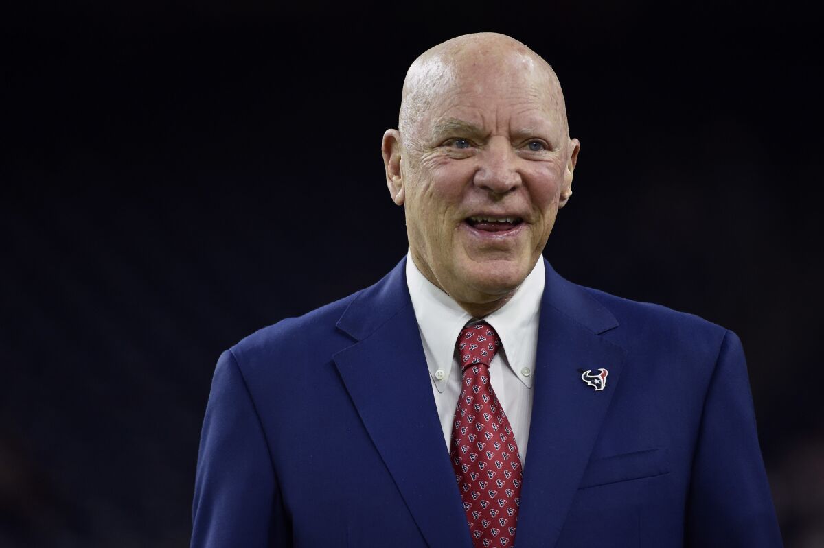 FILE - Houston Texans owner Bob McNair watches from the sidelines before an NFL football game against the Cincinnati Bengals Saturday, Dec. 24, 2016, in Houston. Over the past 100 years, around 110 men and a handful of women have owned controlling portions of NFL teams. Of that select group, all but two have been white. (AP Photo/Eric Christian Smith, File)