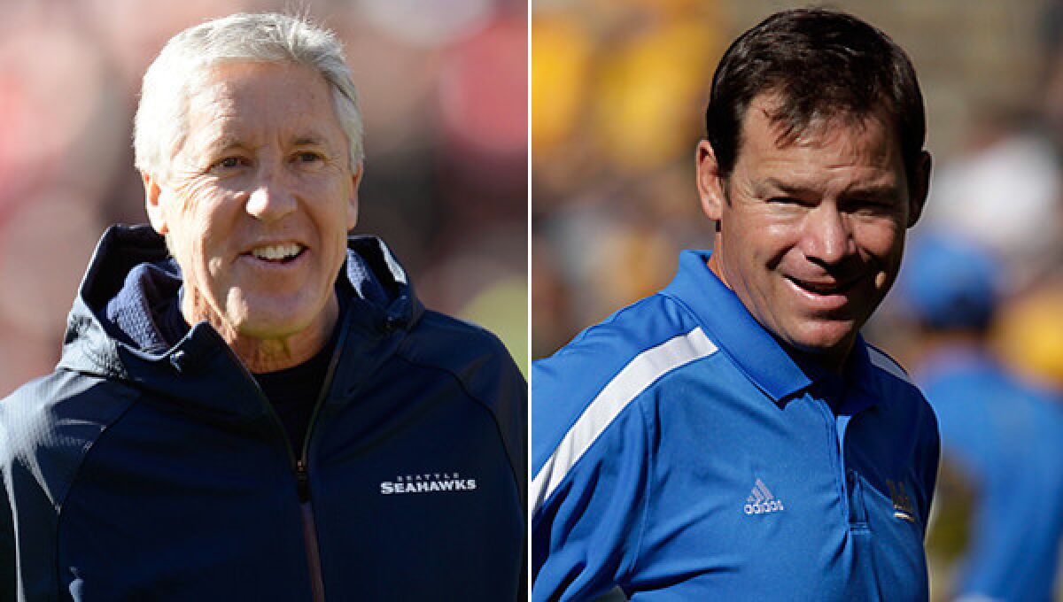 Seattle Seahawks Coach Pete Carroll, left, says college coaches feel more responsible for what their players do on and off the field than NFL coaches. UCLA Coach Jim Mora understands the larger set of responsibilities college coaches have over their NFL counterparts, but he still prefers coaching at the college level.