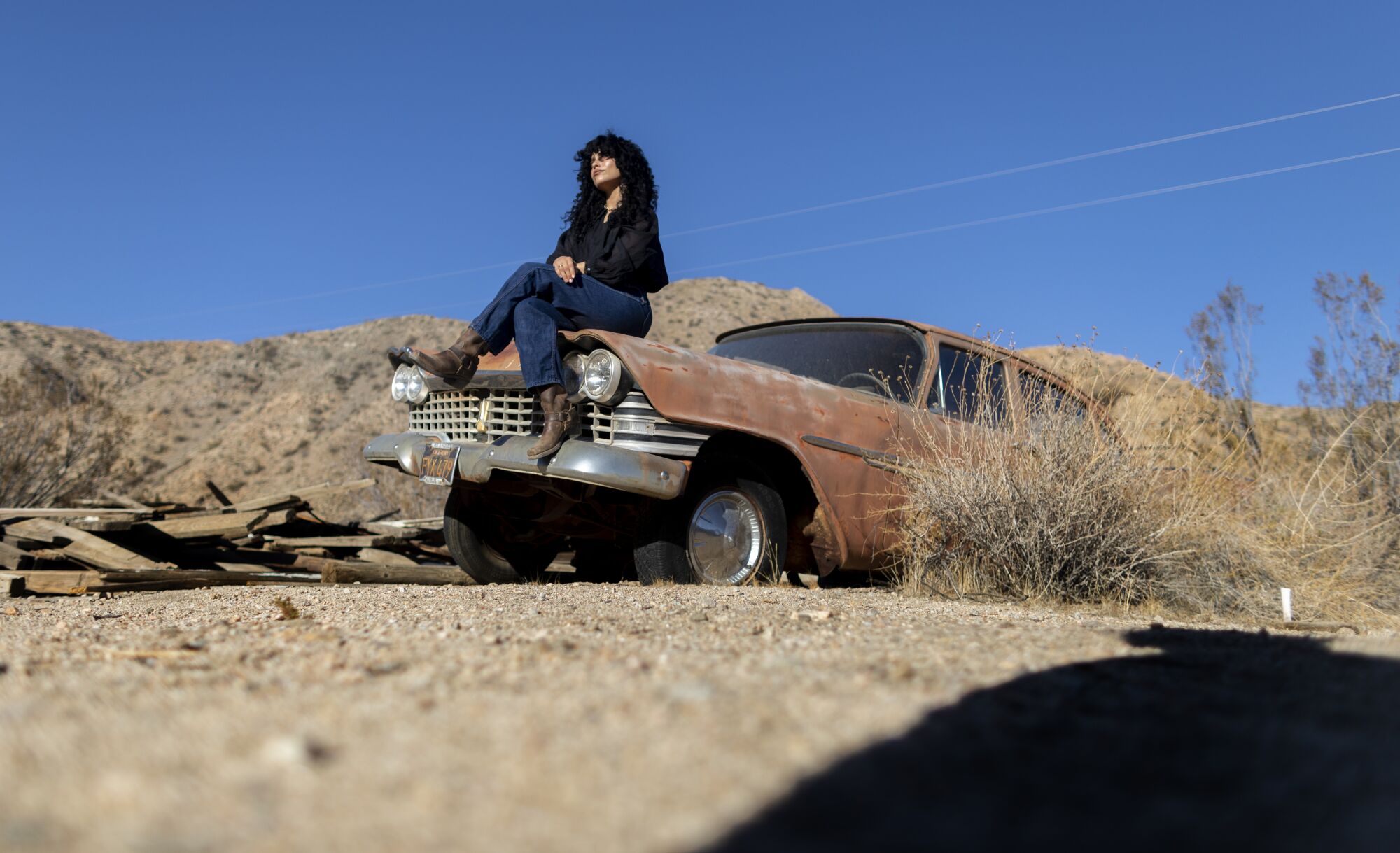 Evanice Holz enjoys the desert scenery from atop an abandoned 60's Plymouth near her home in Morongo Valley.