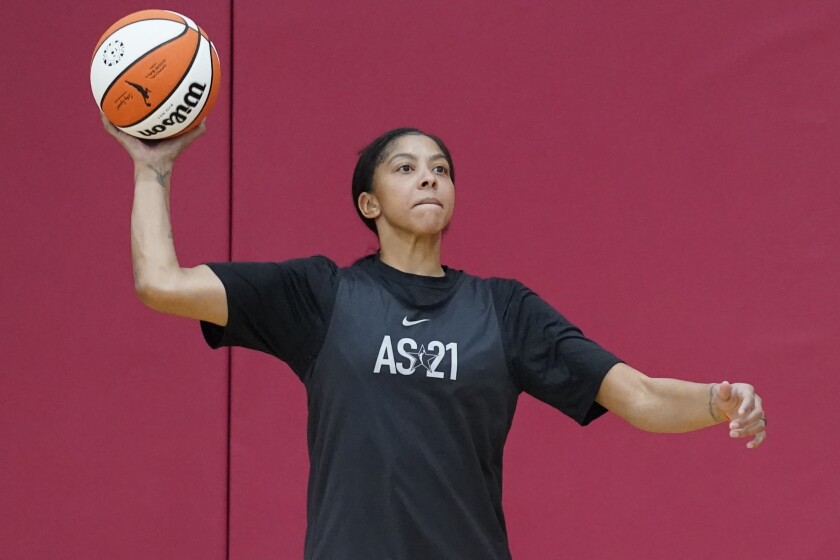 Candace Parker looks to pass during practice for the WNBA All-Star Basketball team, Tuesday, July 13, 2021, in Las Vegas. (AP Photo/John Locher)