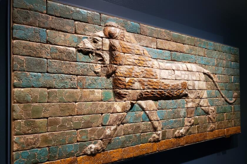 "Panel with Striding Lion," Babylon, Processional Way, 605-562 B.C., ceramic and glaze