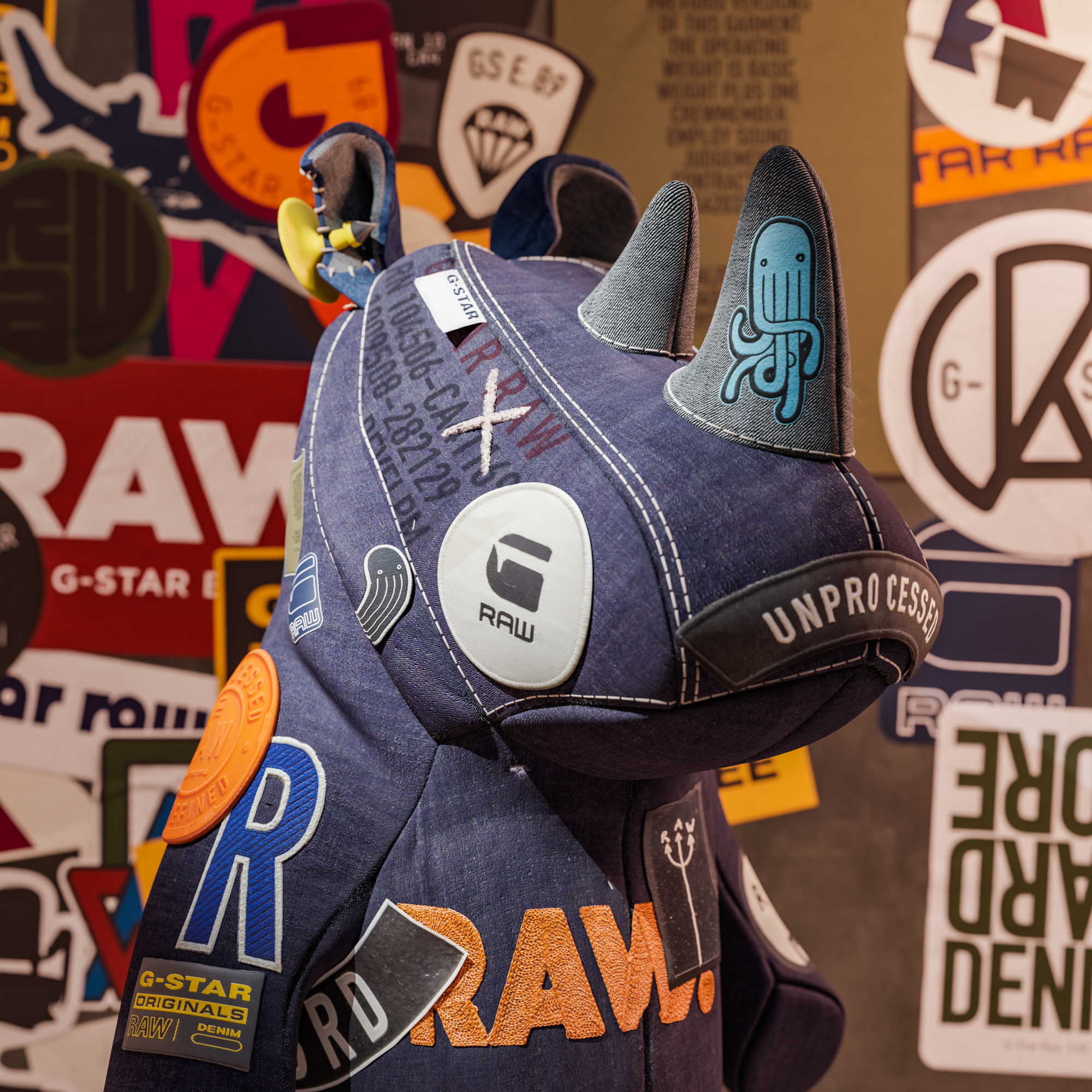 G-Star RAW NFT rhino figure covered in patches.