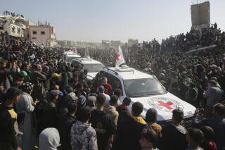 A crowd surrounds Red Cross cars.