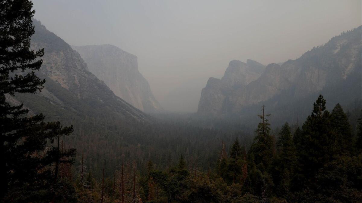 A tunnel view leading to the Yosemite Valley is clouded in smoke from the Ferguson fire.