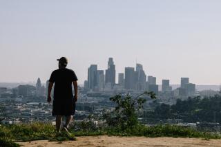 Los Angeles, CA - April 19: A person looks out onto the downtown landscape from Montecito Heights on Wednesday, April 19, 2023 in Los Angeles, CA. (Dania Maxwell / Los Angeles Times).