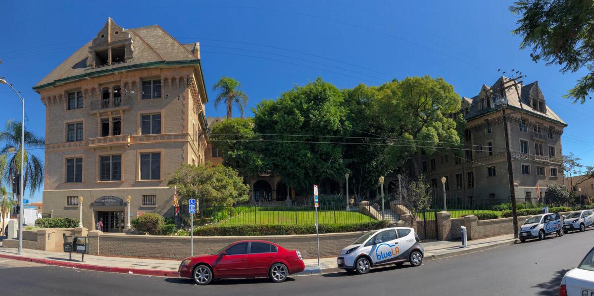Sep. 24, 2018: Mary Andrews Clark Memorial House at 3rd Street and Loma Drive west of downtown Los Angeles. The building is the Los Angeles Historic Cultural Monument #158. Photo taken with iPhone panorama.