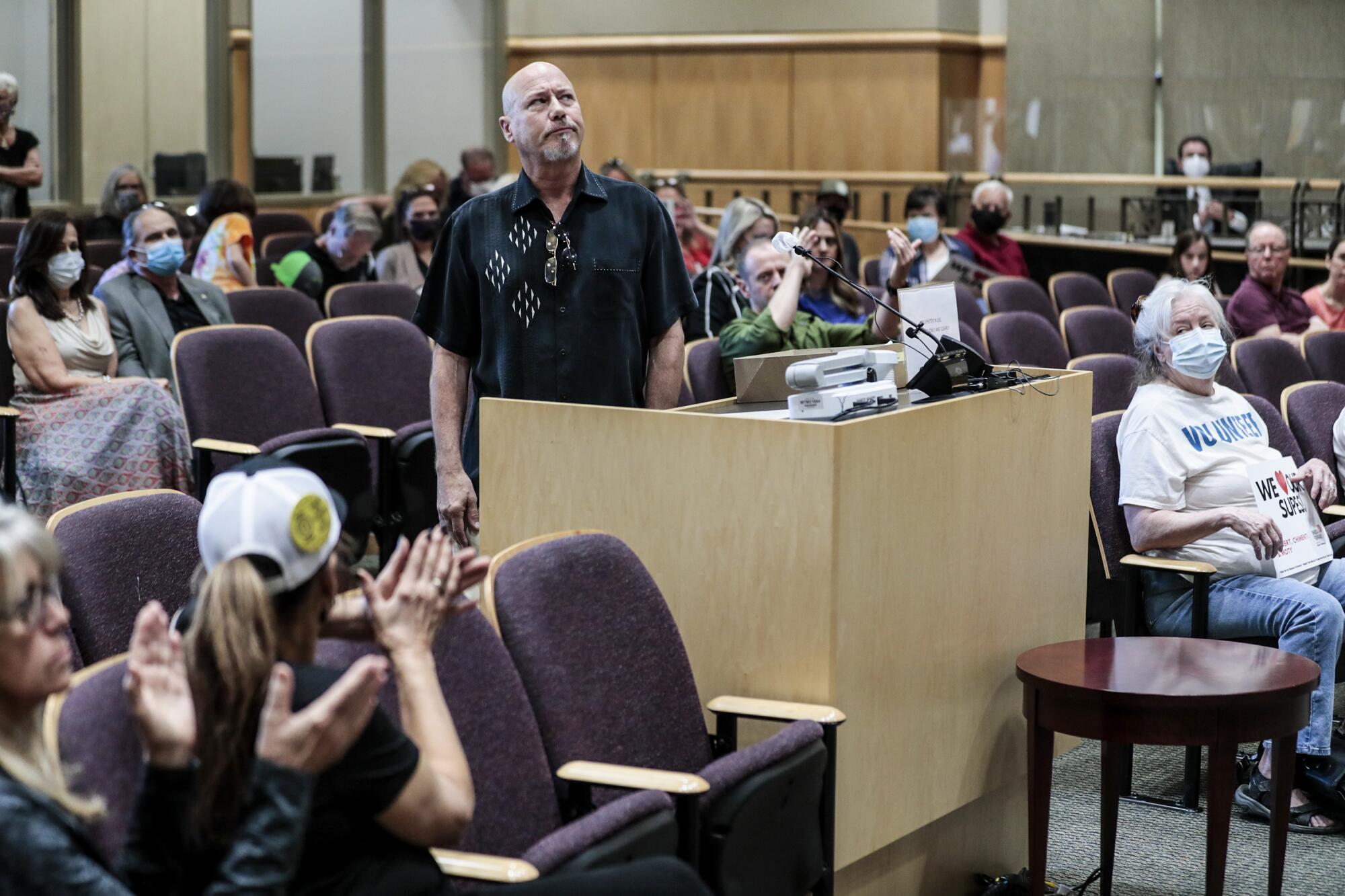 Alan Koziol wraps up a passionate speech supporting the effort to recall members of the Shasta County Board of Supervisors.