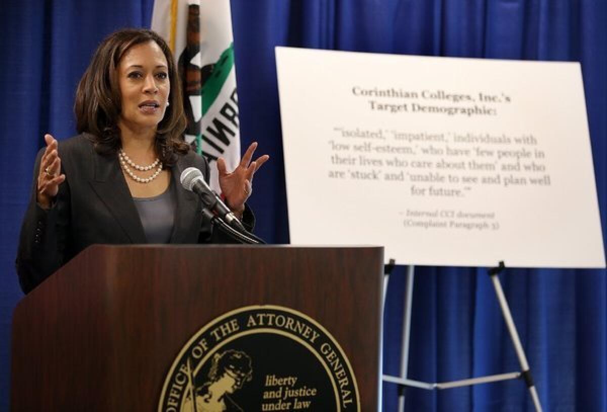 Then-California Atty. Gen. Kamala Harris sued Corinthian Colleges in 2013, accusing the company of deceiving students through aggressive marketing. The Trump administration has been much more indulgent with for-profit colleges.