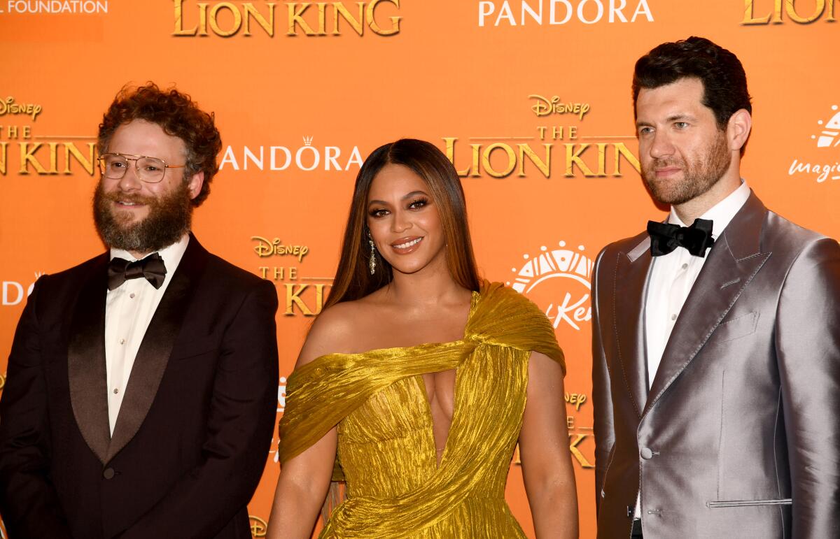Seth Rogen, Beyonce Knowles-Carter and Billy Eichner attend the European Premiere of Disney's "The Lion King" at Odeon Luxe Leicester Square in London.