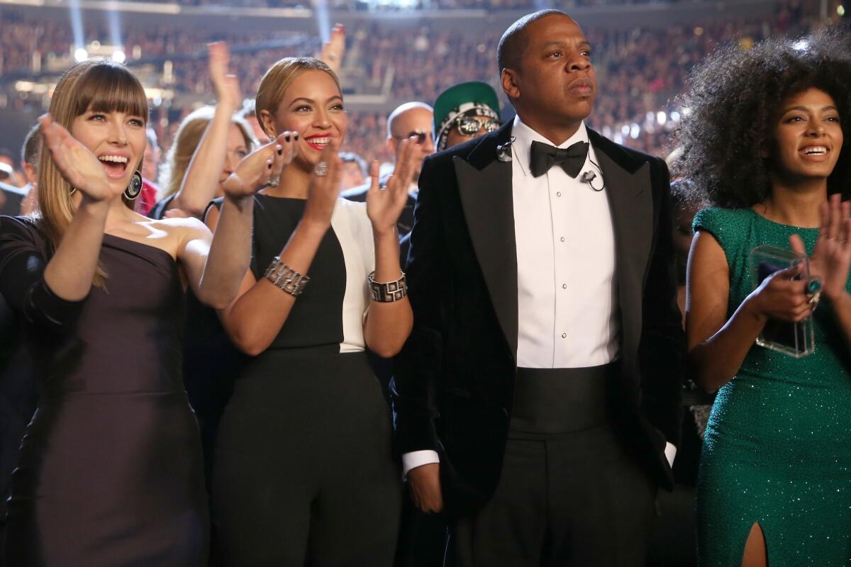 Actress Jessica Biel, singer Beyonce, rapper Jay-Z and singer Solange Knowles attend the 55th Annual GRAMMY Awards at STAPLES Center on February 10, 2013 in Los Angeles, California.