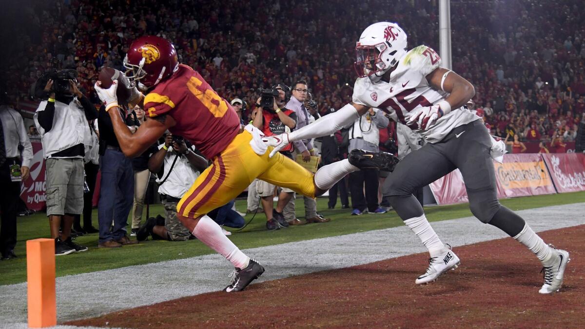 Michael Pittman Jr. of USC is called for being out of bounds during a catch in the end zone in front of Skyler Thomas of the Washington State Cougars late in the second quarter.