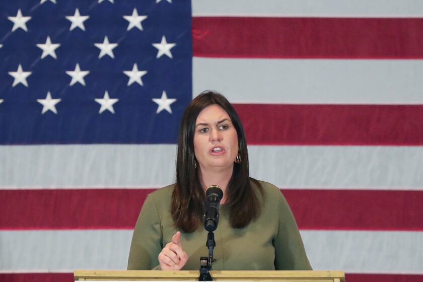 FILE - In this Nov. 2020, file photo, former White House Press Secretary Sarah Huckabee Sanders speaks during a Make America Great Again rally at Stoney Creek Hotel and Conference Center in Rothschild, Wis. Sanders has raised another $4.2 million for her bid to become Arkansas' next governor. Sanders' campaign on Thursday, July 15, 2021, said the latest figures mean she has raised $9 million total since launching her bid in January for the state's top office. (Tork Mason/The Post-Crescent via AP, File)