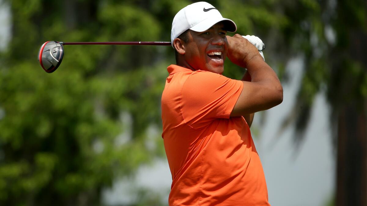 Jhonattan Vegas of Venezuela reacts after his tee shot at No. 2 during the second round of the Zurich Classic on Friday.