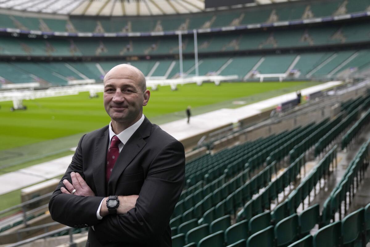 FILE - The new England Rugby Union coach Steve Borthwick poses for the photographers during a photocall at Twickenham Stadium in London, Monday, Dec. 19, 2022. The 2023 Six Nations starts on Feb. 4. (AP Photo/Alastair Grant, File)