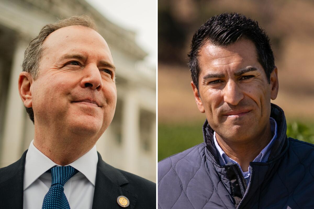 Side-by-side closeups of Rep. Adam B. Schiff and Assembly Speaker Robert Rivas