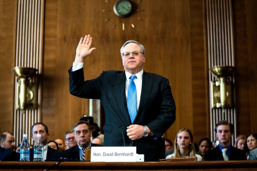 Mandatory Credit: Photo by JIM LO SCALZO/EPA-EFE/REX (10180805r) David Bernhardt is sworn-in during a Senate Energy and Natural Resources Committee hearing on his nomination to head the Department of the Interior in the Dirksen Senate Office Building in Washington, DC, USA, 28 March 2019. Bernhardt, a one-time oil and mining lobbyist, has raised the ire of conservation groups that are opposed to his nomination. David Bernhardt nomination hearing to head the Department of Interior, Washington, USA - 28 Mar 2019 ** Usable by LA, CT and MoD ONLY **