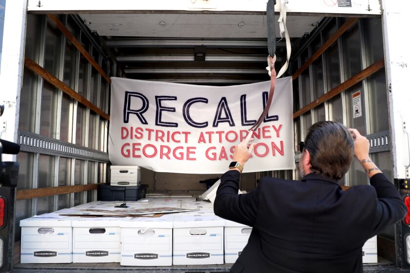 NORWALK, CA - JULY 06: A truck arrives with over 700,000 petition signatures in an effort to recall Los Angeles County District Attorney George Gascon to be submited to the County of Los Angeles Registrar Recorder/County Clerk office on Wednesday, July 6, 2022 in Norwalk, CA. (Gary Coronado / Los Angeles Times)