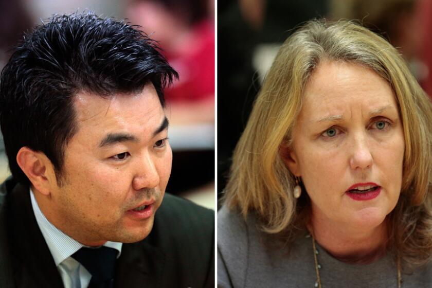 Los Angeles City Council candidates David Ryu, left, and Carolyn Ramsay, right.