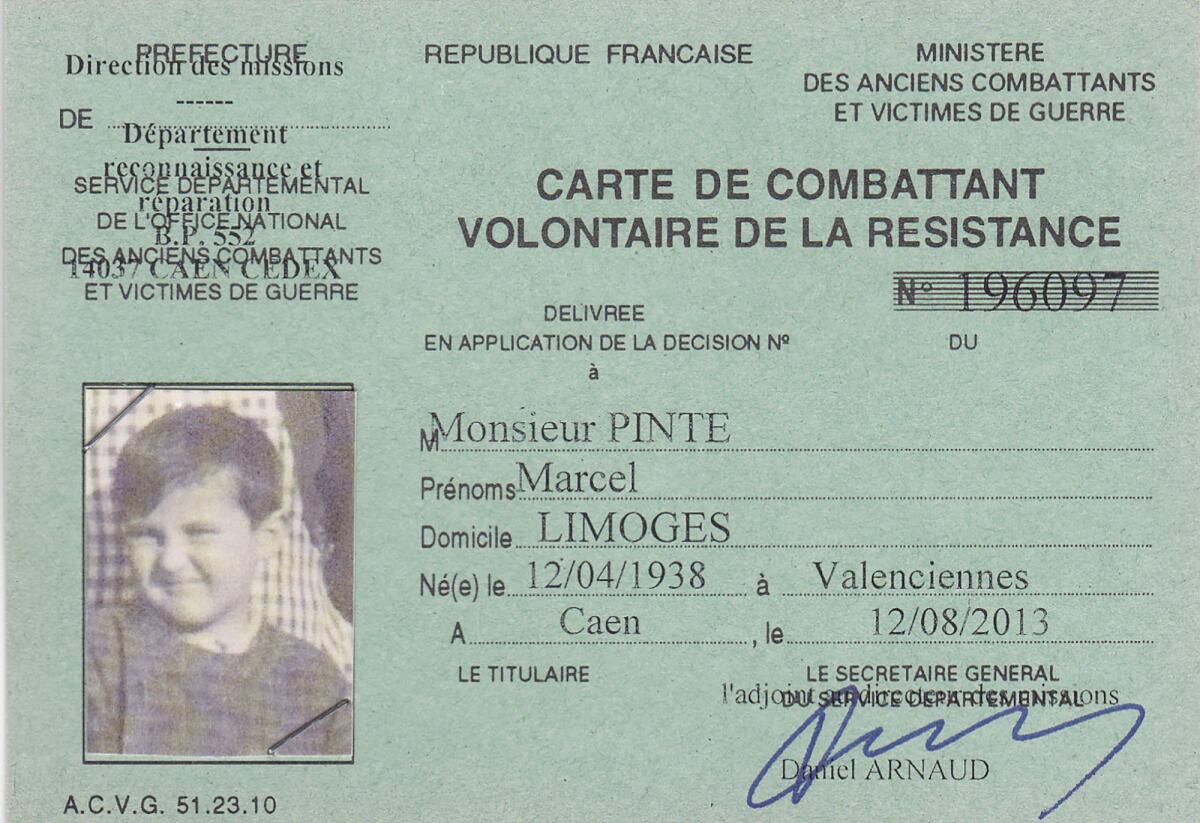 A card identifying 6-year-old Marcel Pinte, whose code name was Quinquin, as a member of the French Resistance.