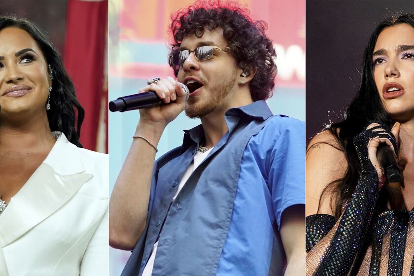 This combination of photos shows, from left, Demi Lovato, Jack Harlow and Dua Lipa, who will perform in the 2022 Jingle Ball tour. (AP Photo)