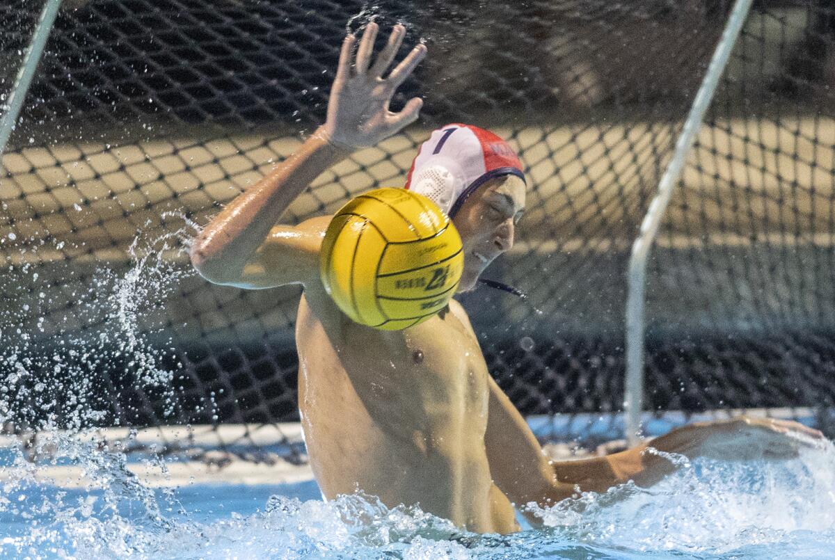 Marina goalkeeper Tanner Powell blocks an Estancia shot in the first round of the CIF Southern Section Division 5 playoffs at Costa Mesa High on Tuesday.
