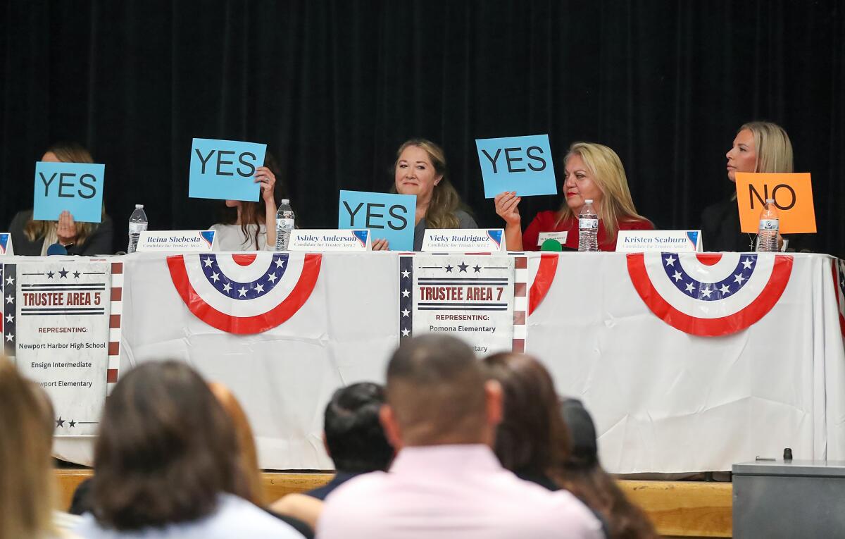 Michelle Barto, Reina Shebesta, Ashley Anderson, Vicky Rodriguez, and Michelle Seaburn and an NMUSD candidate forum Monday. 