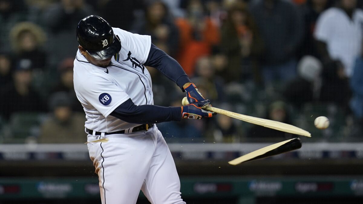 Detroit Tigers' Miguel Cabrera breaks his bat on a single against the New York Yankees in the sixth inning of a baseball game in Detroit, Wednesday, April 20, 2022. (AP Photo/Paul Sancya)