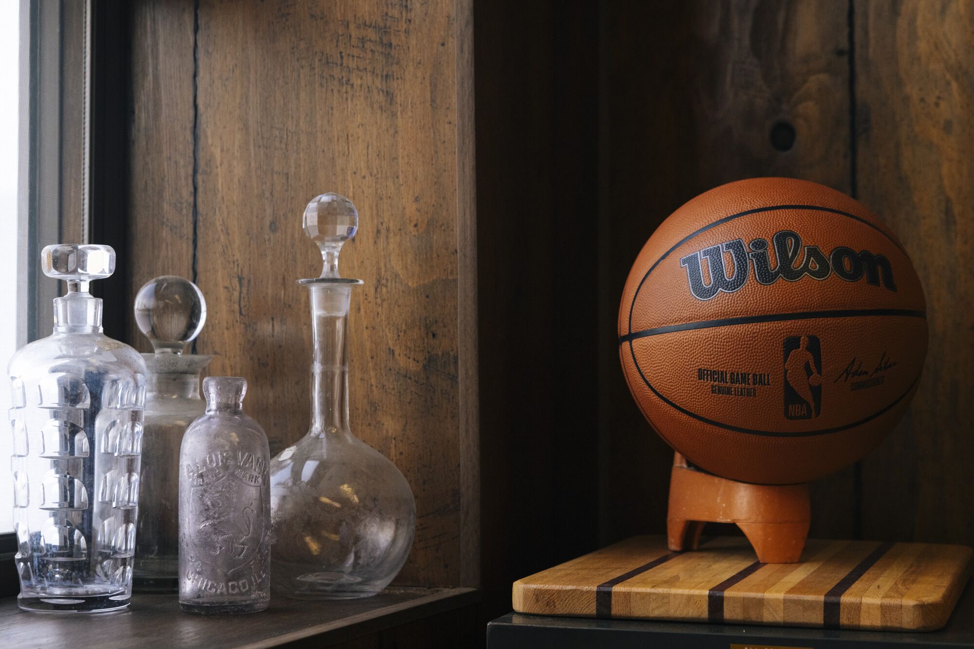 An official NBA game ball is displayed in the office of Skip Horween, president of the Horween Leather Company.