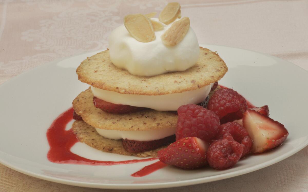 Strawberry napoleons with creme fraiche and almond tuiles