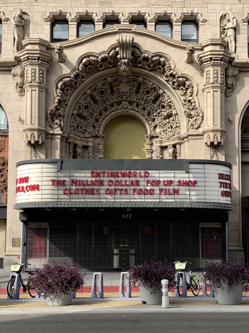 The marquee at the Million Dollar Theater advertising the Entireworld pop-up