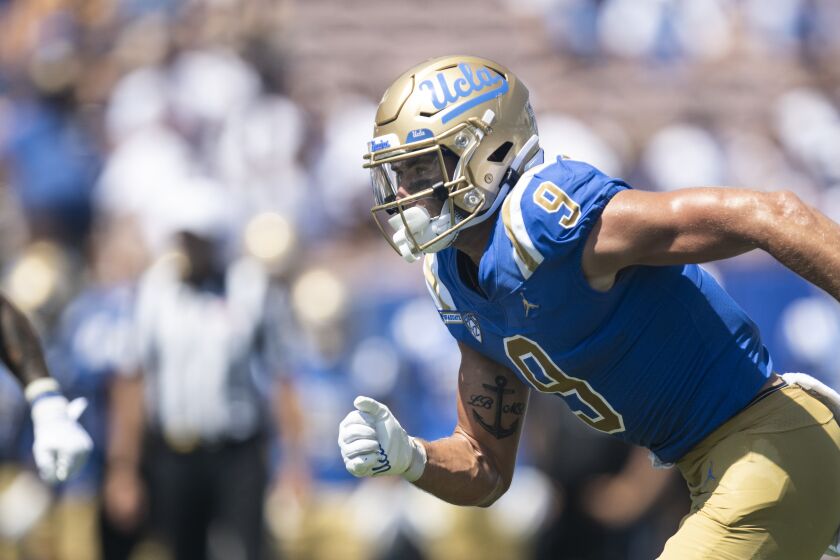 UCLA tight end Jake Bobo (9) runs during a game against Bowling Green on Sept. 3 in Pasadena. 