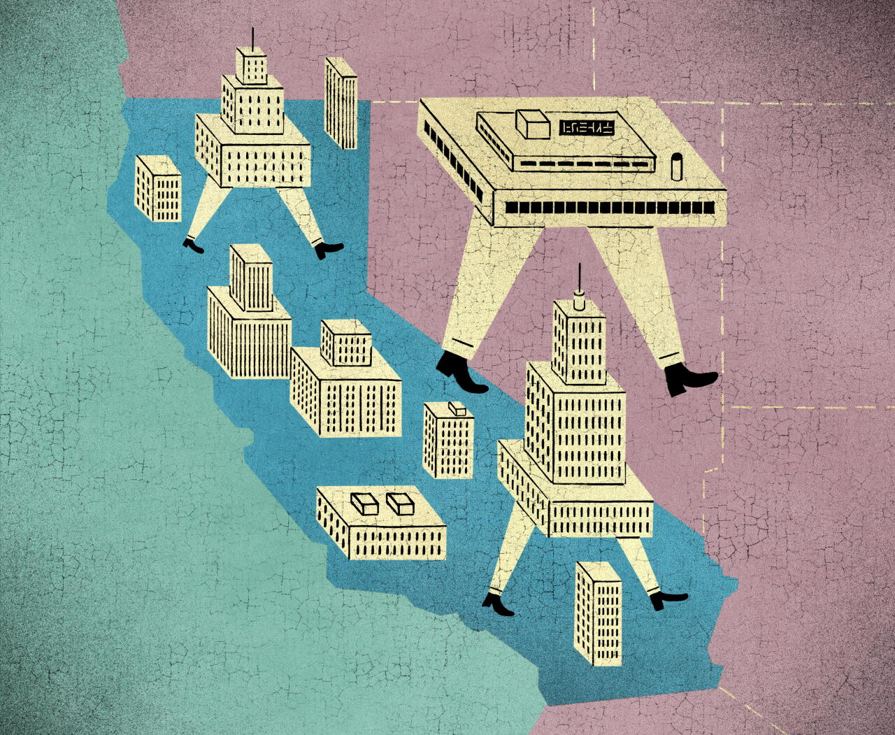 FPO Sketch of corporation HQ buildings with legs leaving California