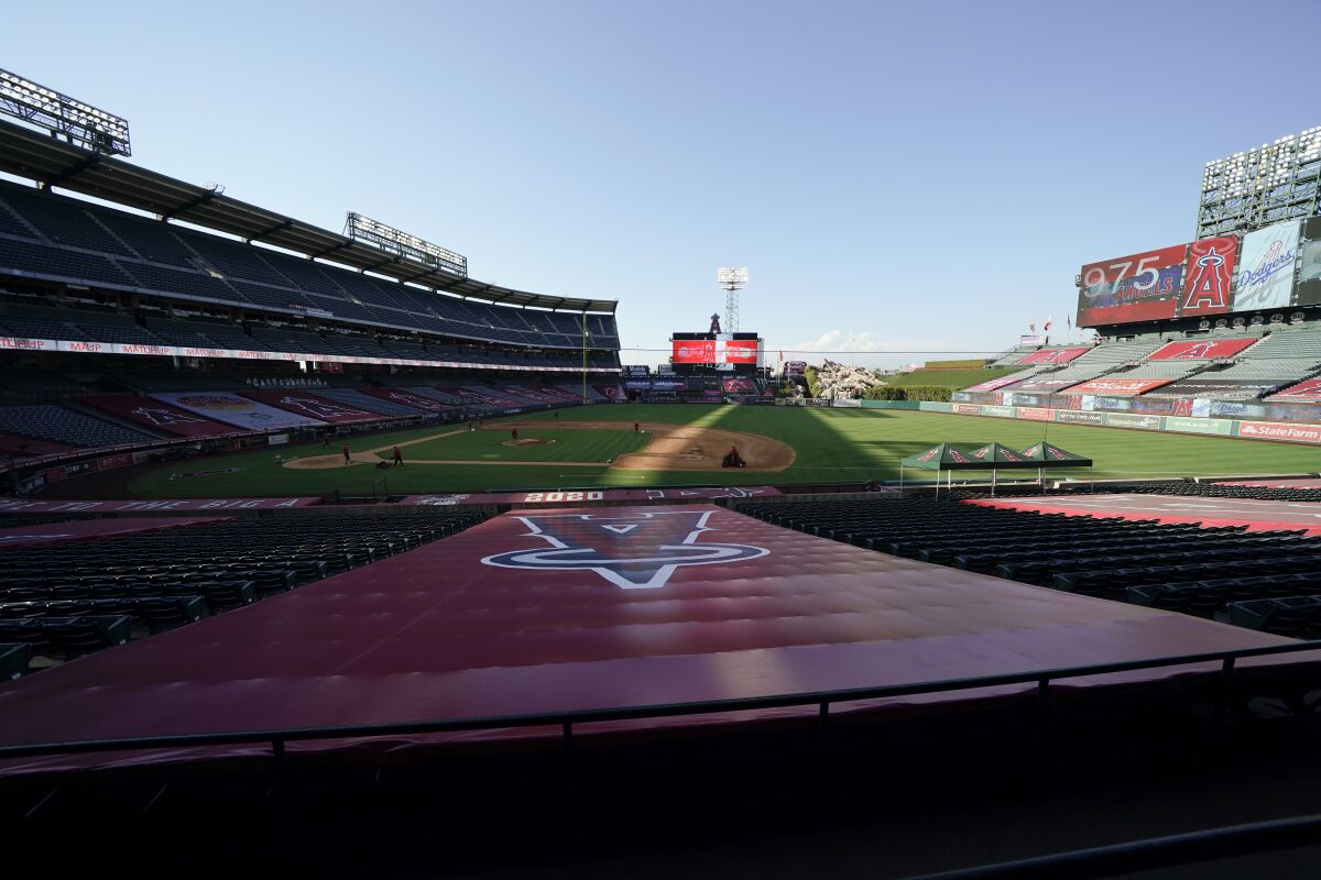 A general view of Angel Stadium before a game between the Angels and Dodgers.