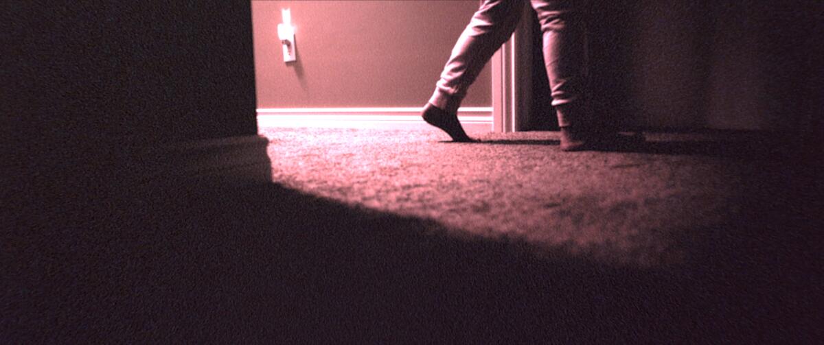 A pair of legs walking past on carpet
