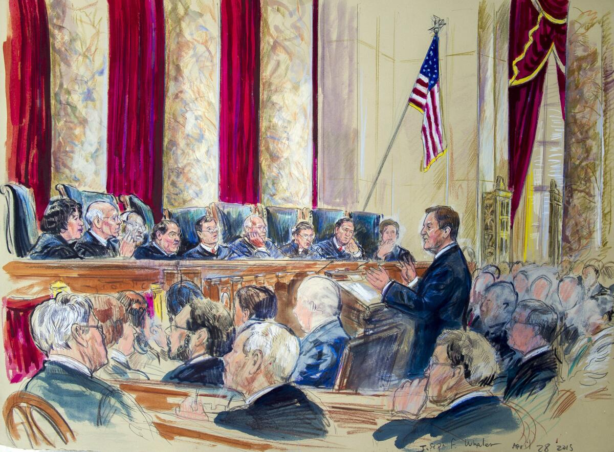 This artist rendering shows Tennessee Associate Solicitor General Joseph Walen arguing before the Supreme Court hearing on same-sex marriage in Washington on April 28.